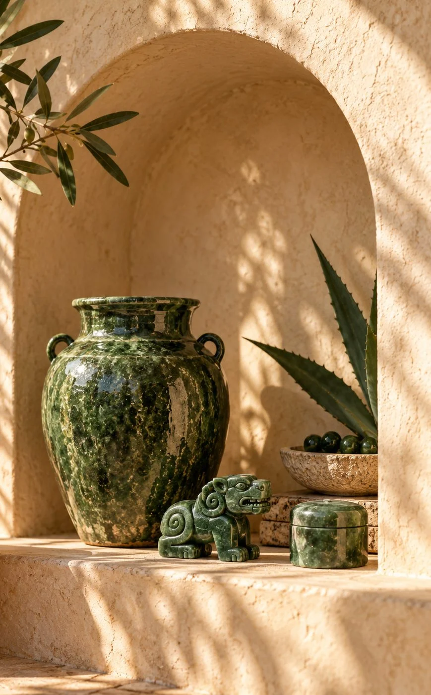 Jade glazed clay pots in a plaster niche